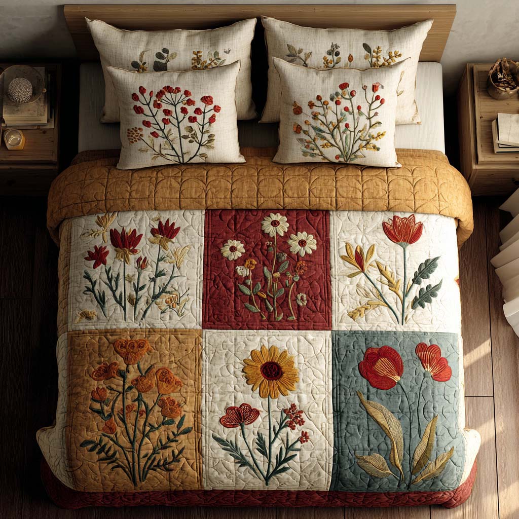 Floral Dreams 3-dílná prošívaná souprava povlečení