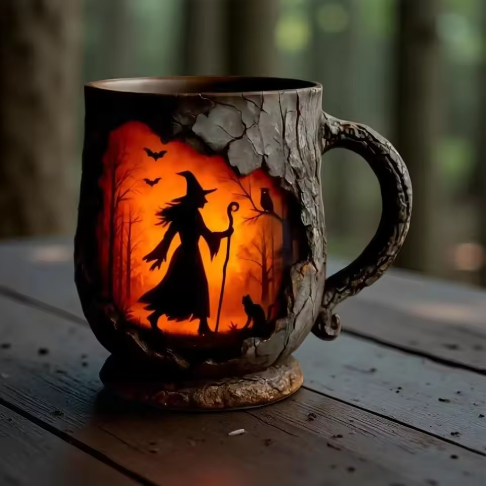 Umjetnički 3D Halloween šalica – S dizajnom vještice i mačke